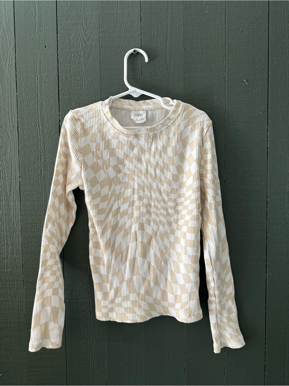 Zara Beige and White Checker Ribbed Long-Sleeve Shirt
